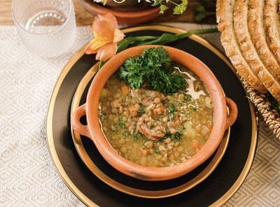 Lentil soup with chorizo, beef & veggies (Serves 2)