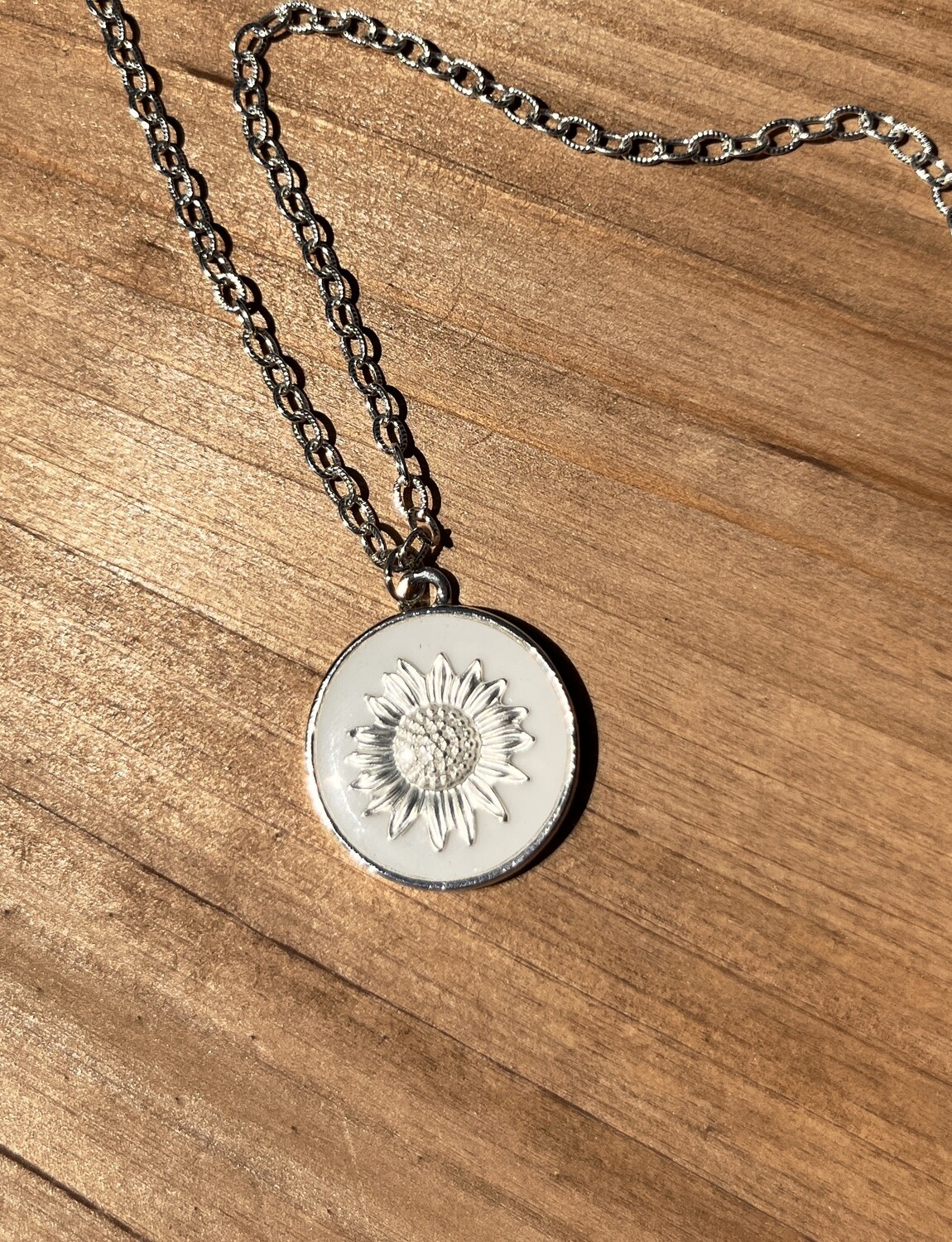 PEACE + PASSION JEWELRY  --  Large Circle Pendant  
Sunflower Charm