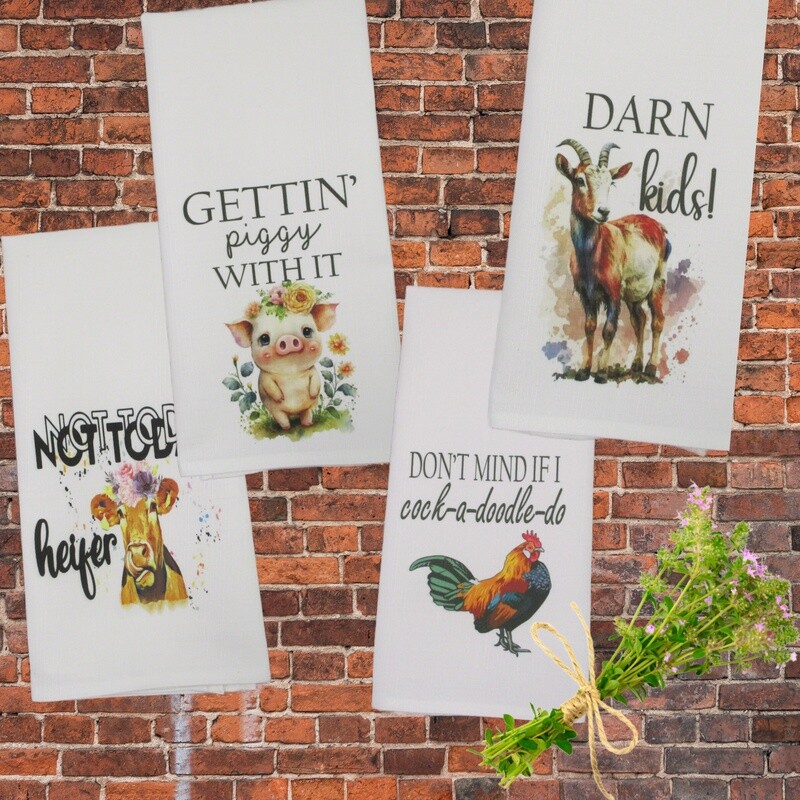 Funny Kitchen Towels, Farm Animal Decor, Cow, Pig, Goat, Rooster