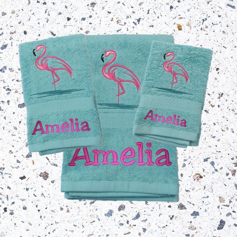 Flamingo Personalized Towel Set,  Bath-Hand-Wash Gift for Kids,