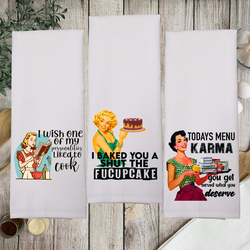 Sarcastic Vintage Housewife Kitchen Towels - Hosting Gift - Funny Wedding Gift - Gift For Her