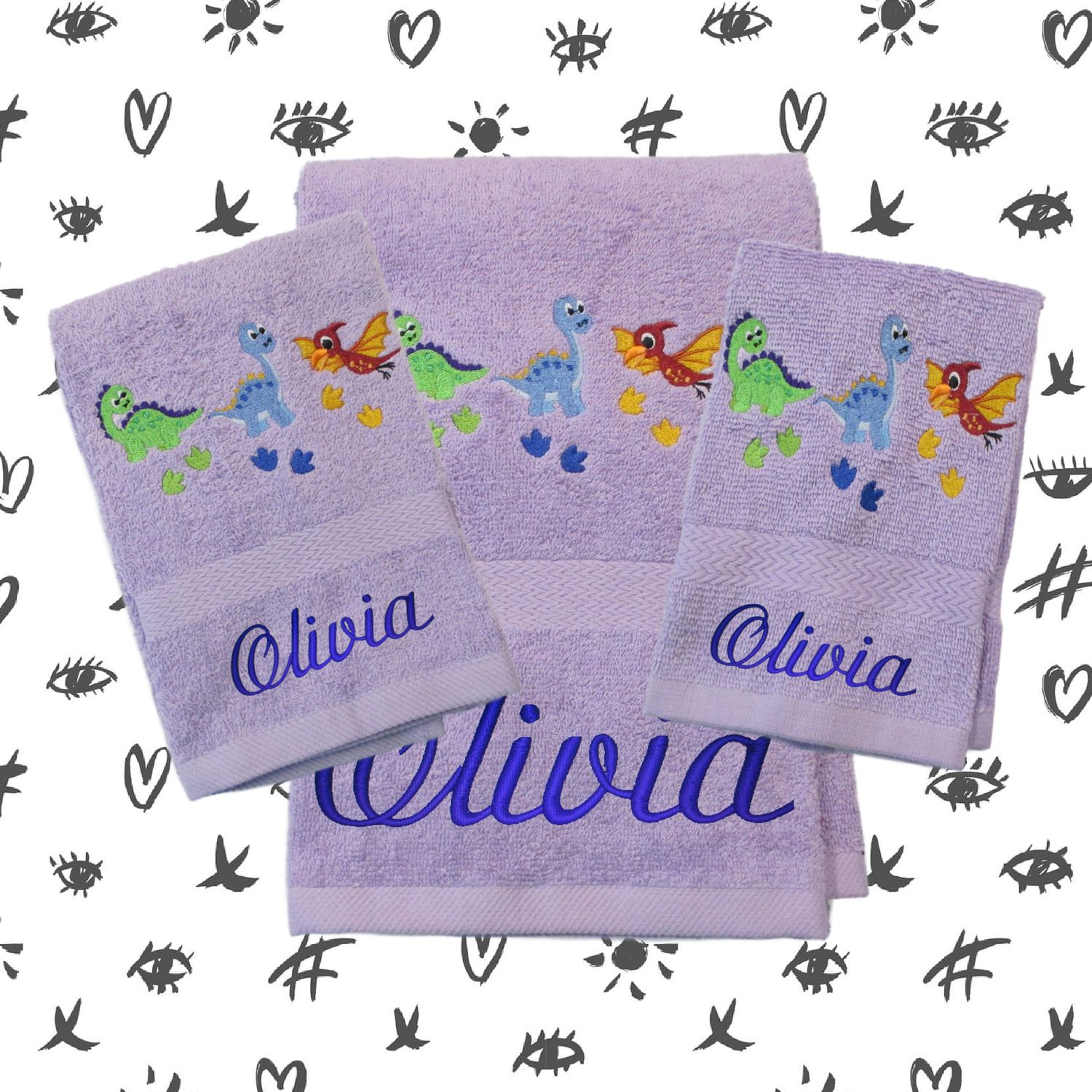 Personalized Dinosaur Bath Towel Set for Kids - Personalized Gift, Towels