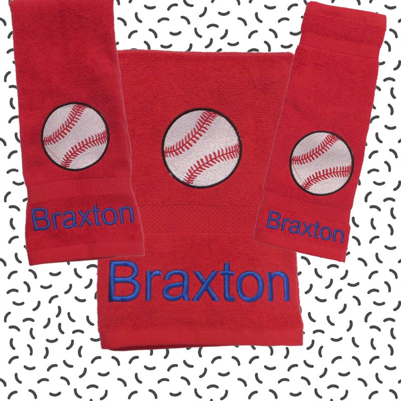 Personalized Baseball Embroidered Towel Set, Cotton Bath, Hand and Wash