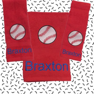 Personalized Baseball Embroidered Towel Set, Cotton Bath, Hand and Wash