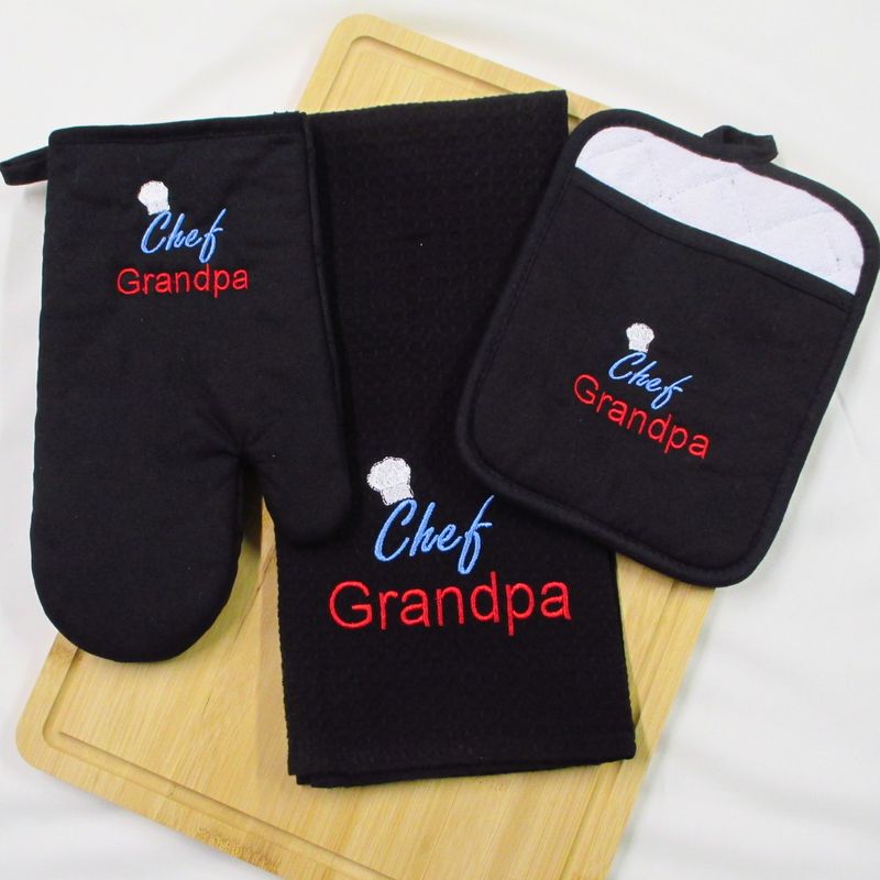 Grandpa Personalized Kitchen Set, Pot Holders, Oven Mitt & Waffle Towel