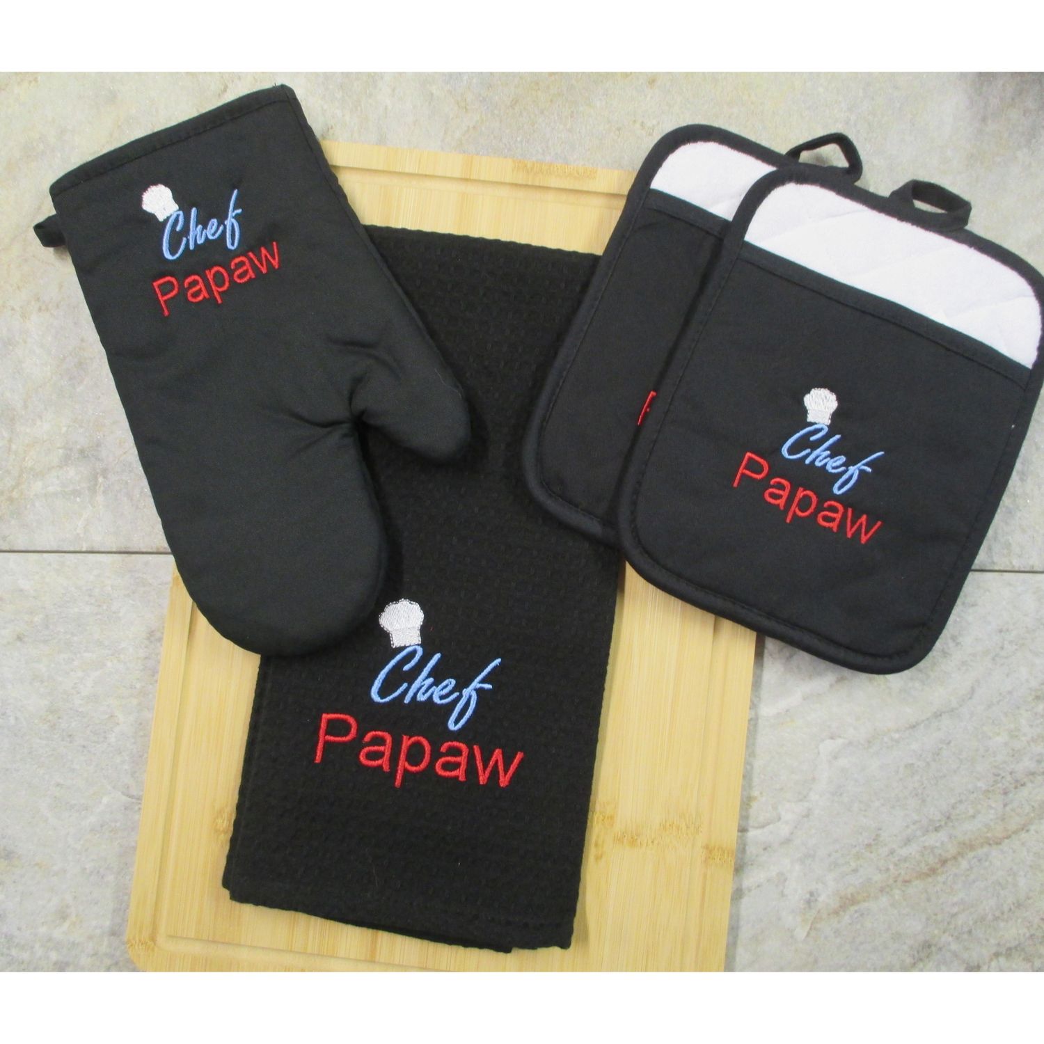 Papaw Gift-  Pot Holders, Oven Mitt  &amp; Waffle Hand Towel, Personalized Kitchen Set, Father's Day Gift, Christmas Gift