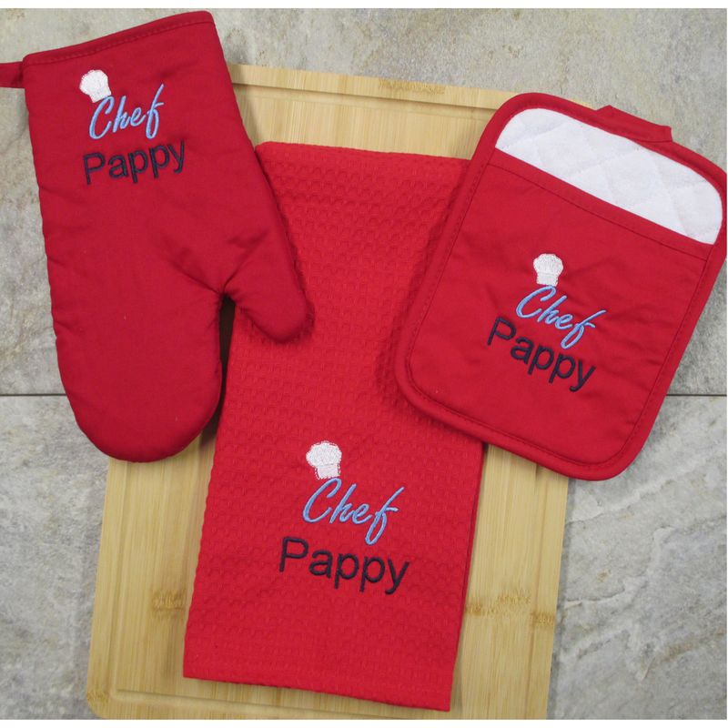 Pappy Gift - Pot Holders, Oven Mitt & Waffle Hand Towel Personalized Kitchen Set, Father's Day Gift, Christmas Gift