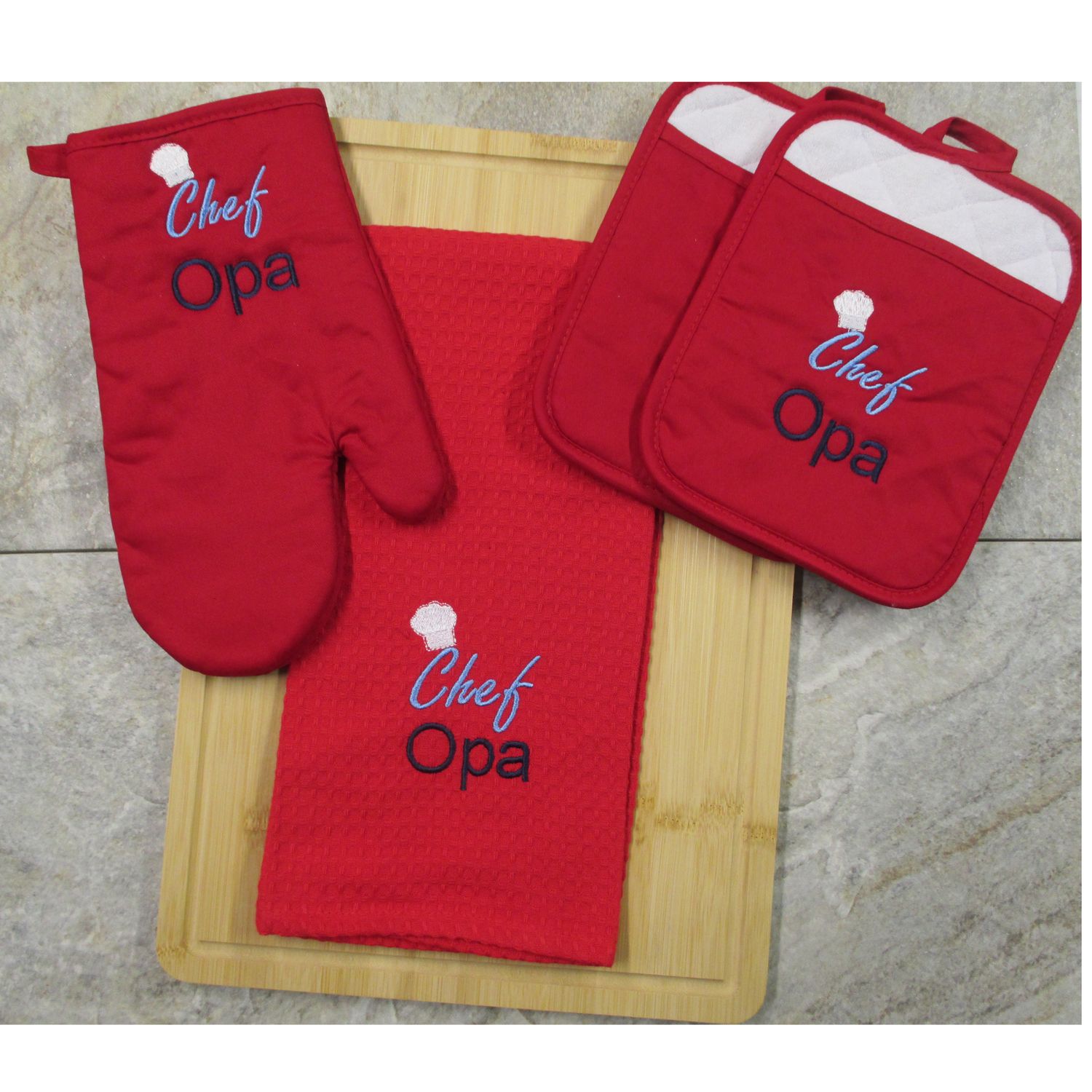 Opa's Kitchen, Personalized Kitchen Set, Pot Holders, and Towel
