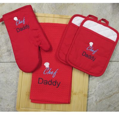 Daddy's Gift - Pot Holders, Oven Mitt  &amp; Waffle Hand Towel Personalized Kitchen Set, Birthday Gift, Father's Day Gift, Christmas Gift