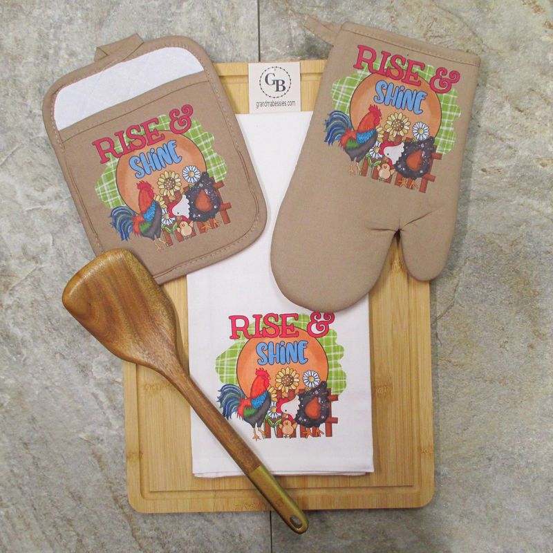 Baking Set 3 Pieces - Oven Mitt, Pot Holder and Towel Set - Rise and Shine Rooster, Farmhouse Kitchen