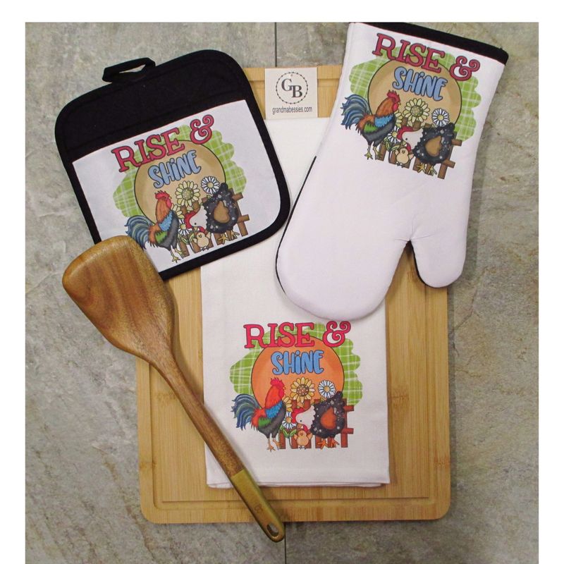 Baking Set 3 Pieces - Oven Mitt, Pot Holder and Towel Set - Rise and Shine Rooster, Farmhouse Kitchen