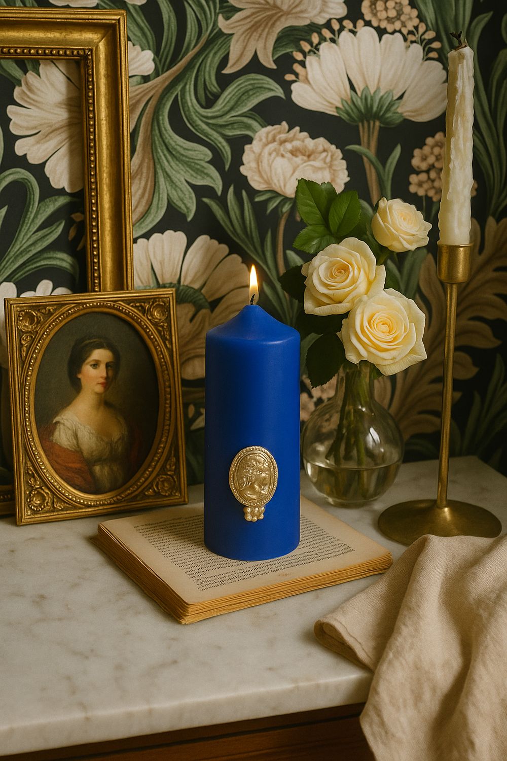 Bougie Bleu Roi - Camée de cire laqué Or