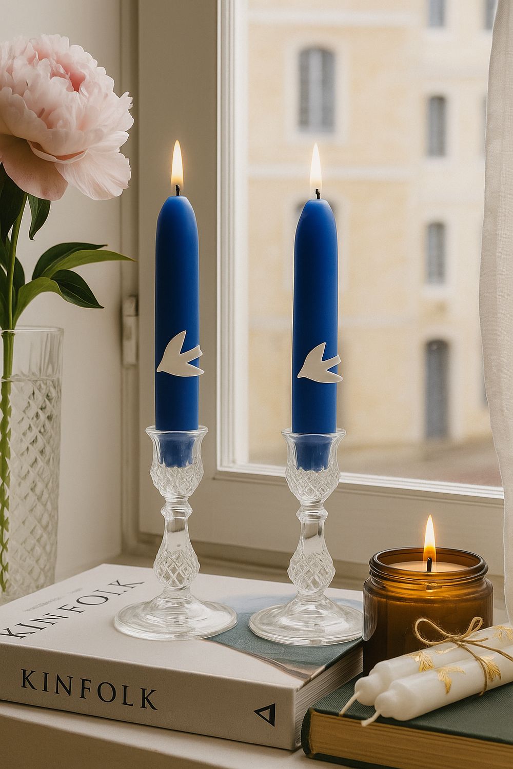 Chandelle châtelain Bleu Roi - Feuilles Or