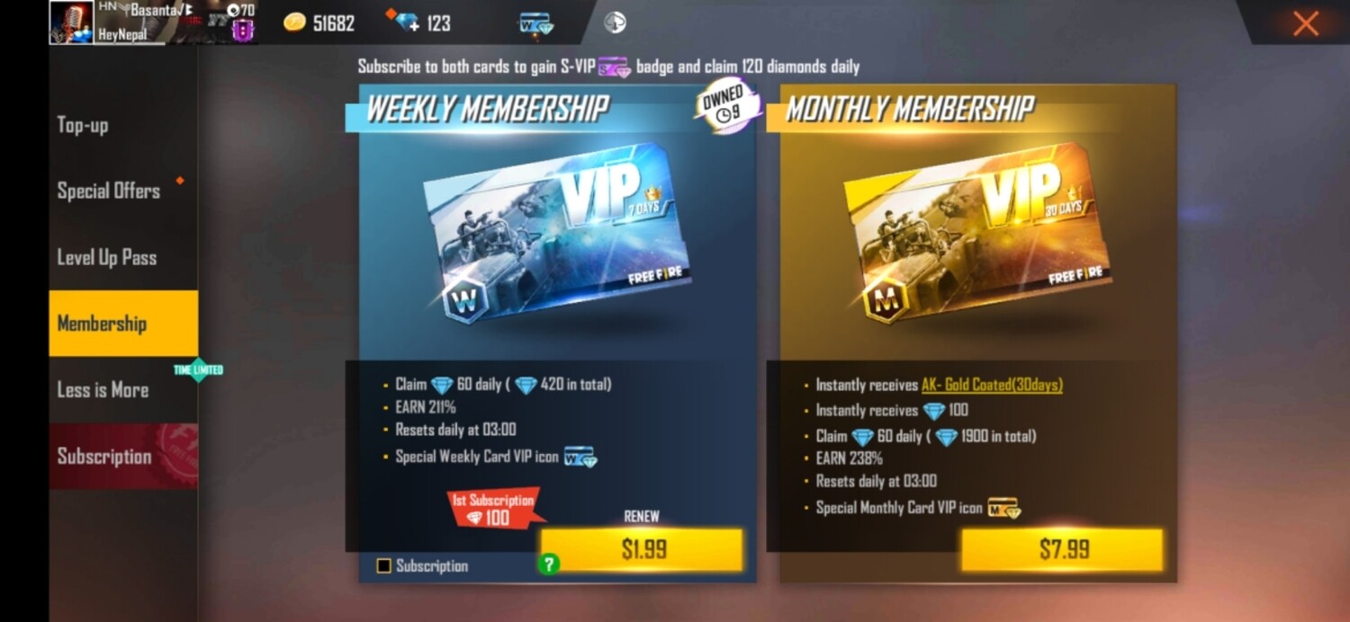 Monthly Membership for Free Fire