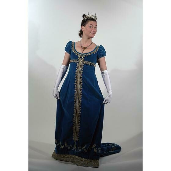 robe velours bleu galon or