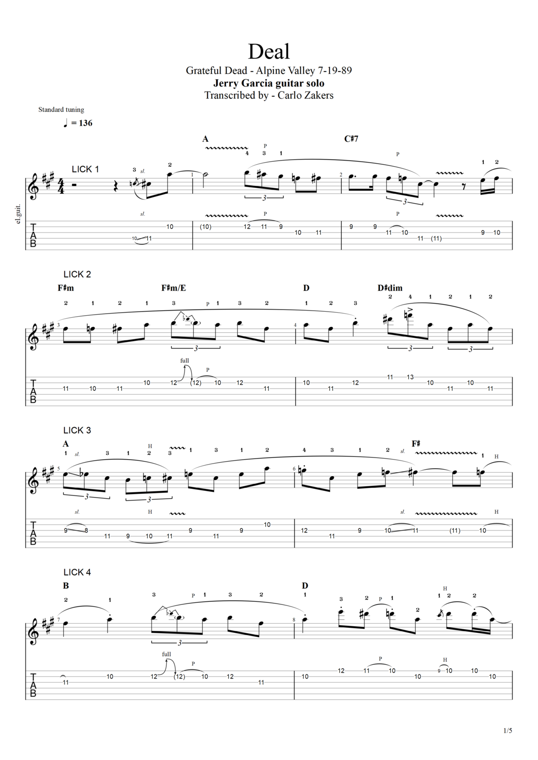 TAB - "Deal" - Jerry Garcia guitar solo - Alpine Valley 7-19-89