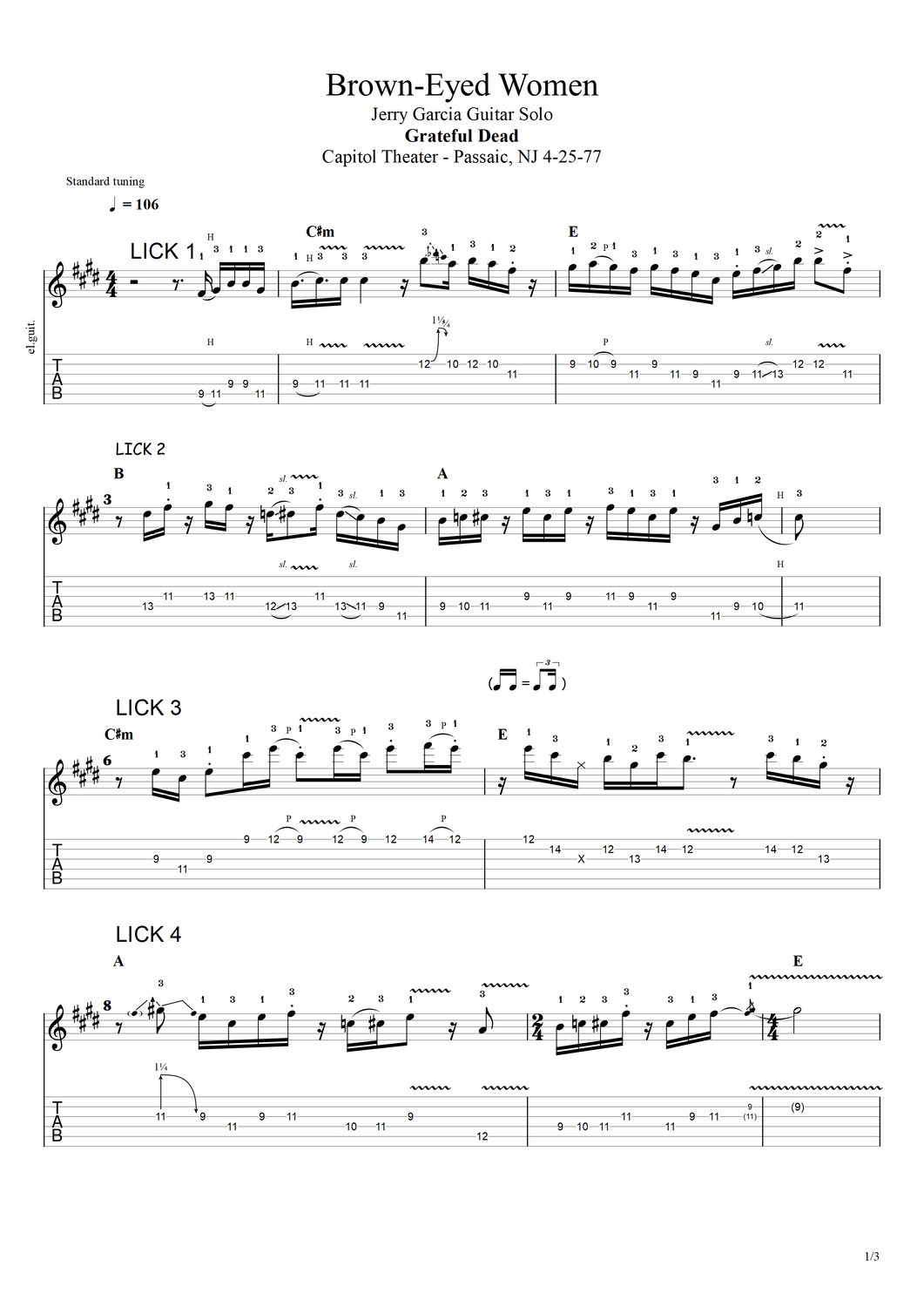 TAB- &quot;Brown Eyed Women&quot; - Garcia Guitar Solo - Passaic, NJ - 4-25-77
