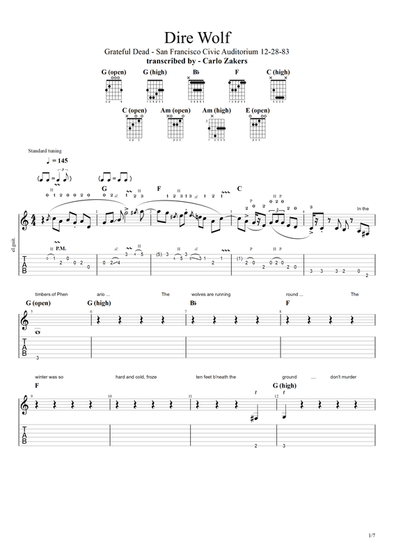 TAB - &quot;Dire Wolf&quot; - 12-28-83 - SF Civic Auditorium- Grateful Dead / Jerry Garcia guitar parts - full song