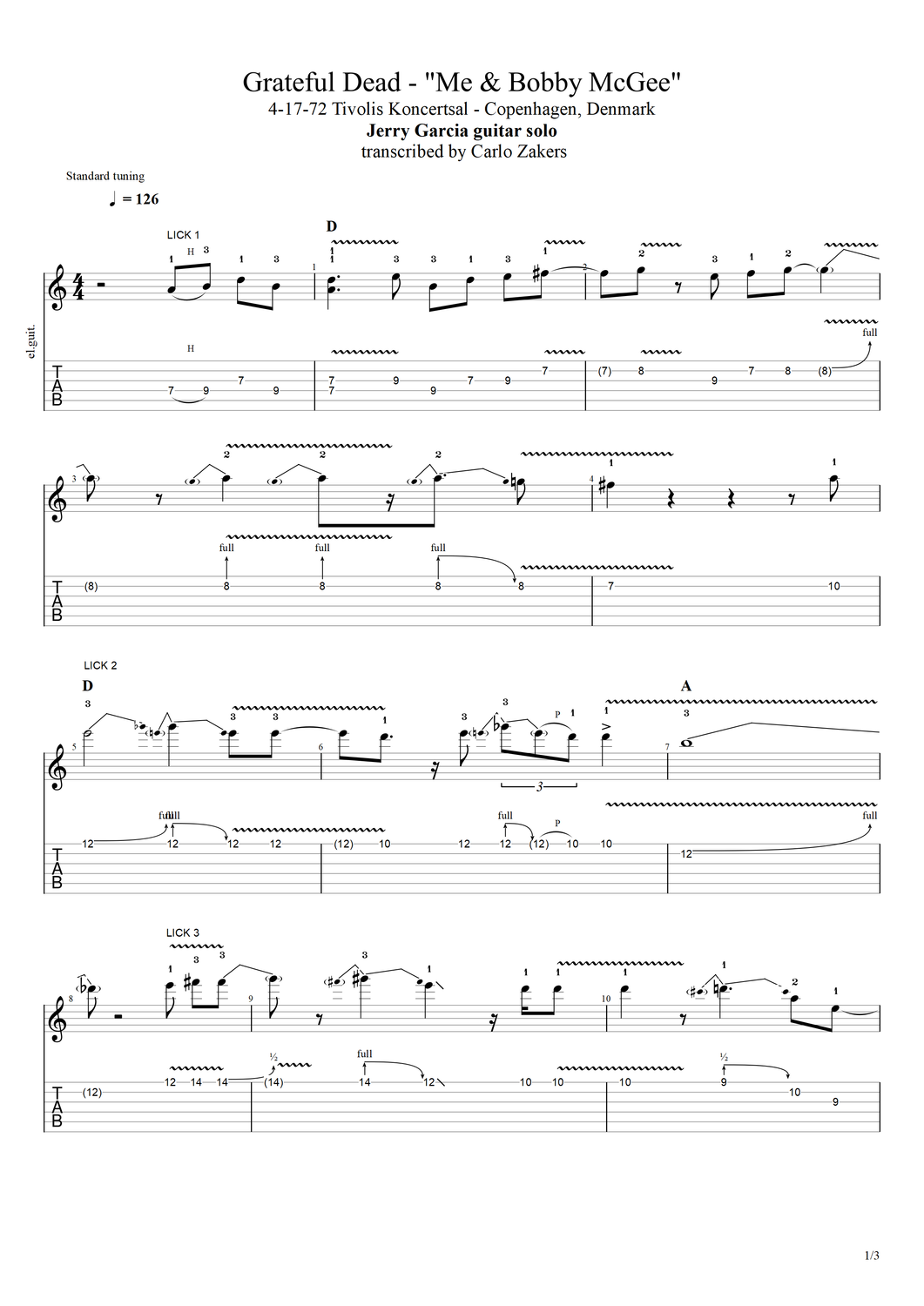 TAB - Grateful Dead - &quot;Me &amp; Bobby McGee&quot; - Jerry Garcia guitar solo - 4-17-72 - Copenhagen, Denmark
