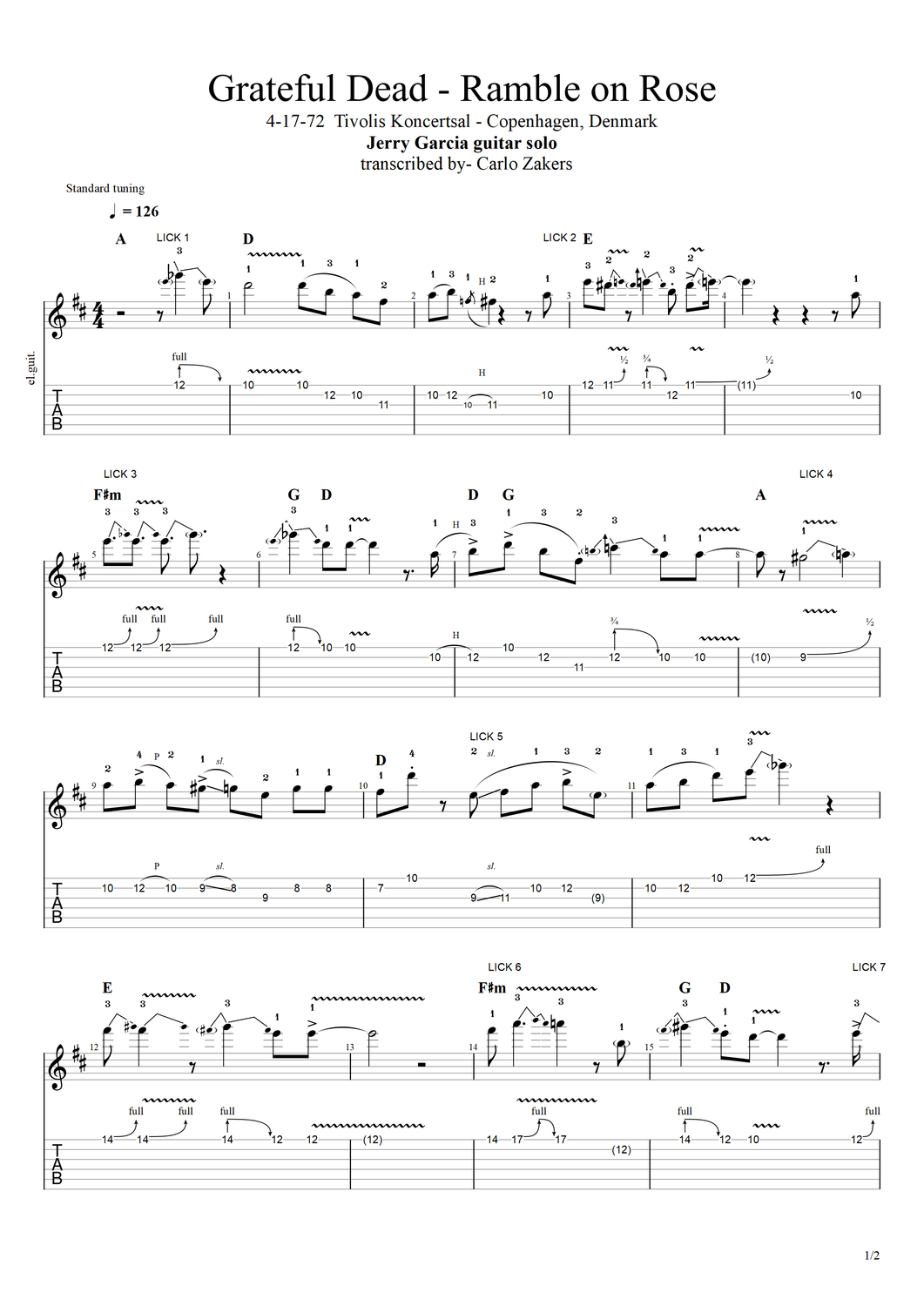TAB - Grateful Dead- &quot;Ramble on Rose&quot; - Jerry Garcia guitar solo - 4-17-72 - Copenhagen, Denmark