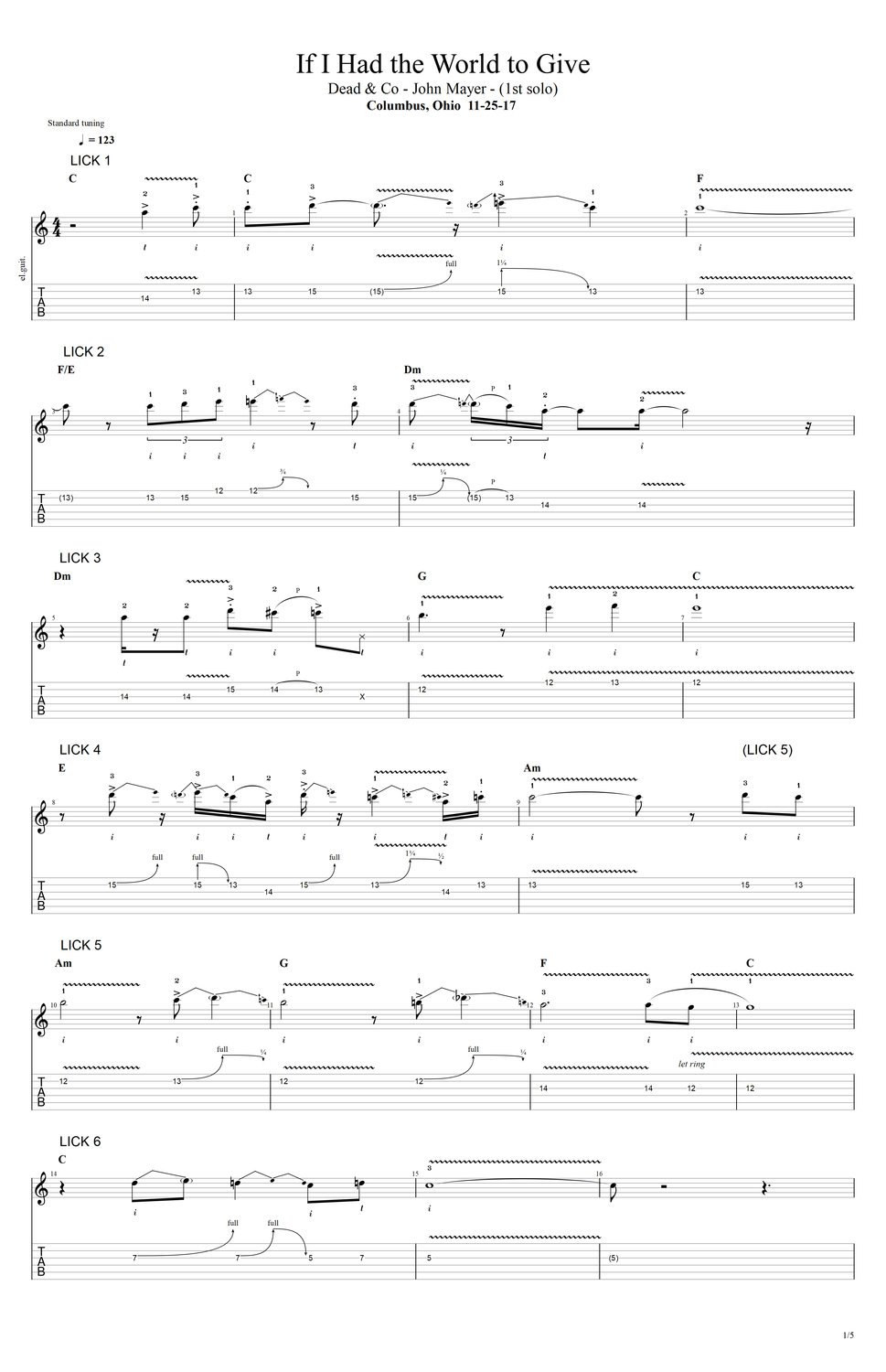 TAB- &quot;If I Had the World to Give - john mayer - 2 solos + fills