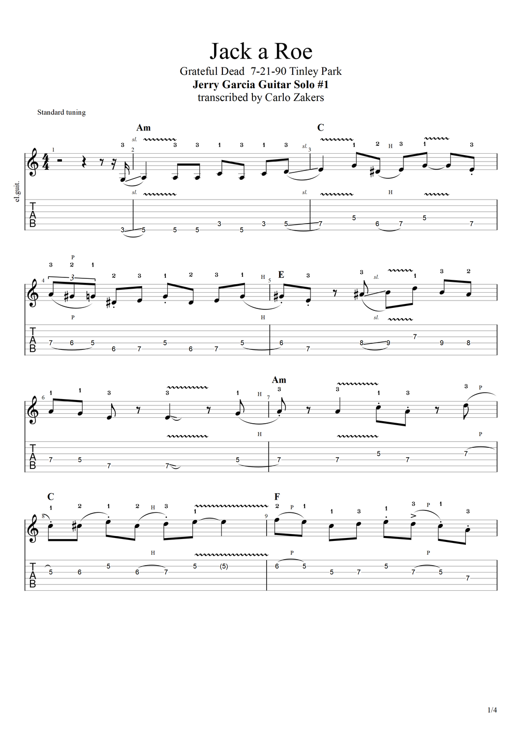 TAB - &quot;Jack-a-Roe&quot; - Jerry Garcia - two guitar solos - Tinley Park 7-21-90