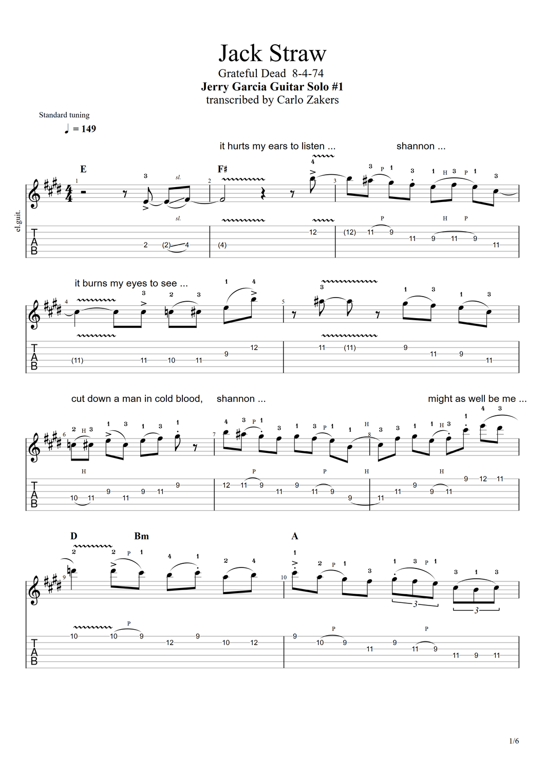 TAB - &quot;Jack Straw&quot; - Jerry Garcia Guitar solo - 8-5-74