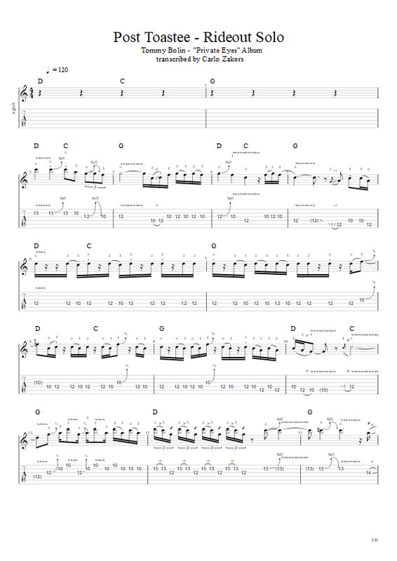 (TAB) - Tommy Bolin - "Post Toastee" - ending solo - Private Eyes album - 1974