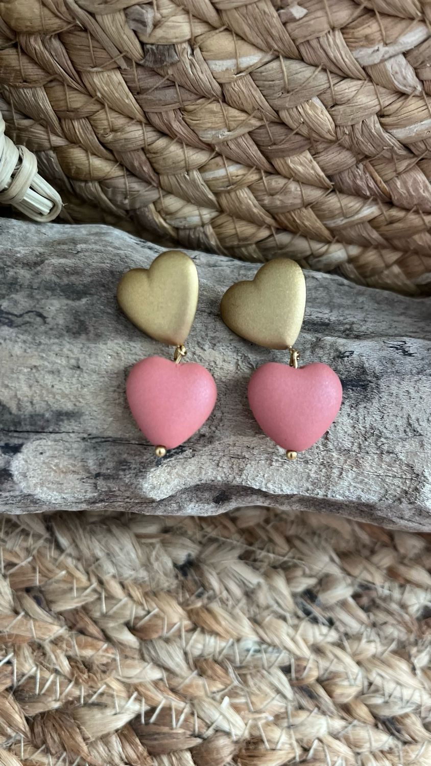 Boucles d’oreille « douceur d’automne » rose, double cœurs Boucles d’oreille « douceur d’automne » rose, double cœurs