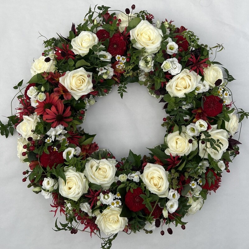 Trauerkranz 45cm Weiss mit Rot