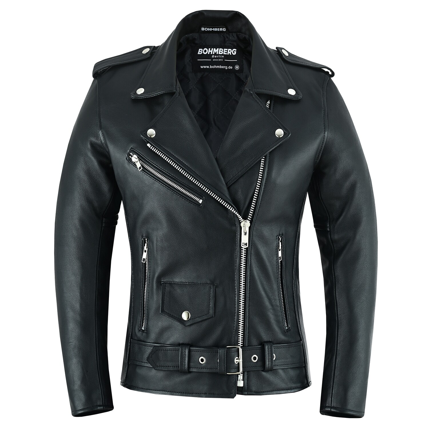 Bohmberg „La Classica“ women’s biker leather jacket, premium cowhide, retro highway design, YKK zippers, protector pockets