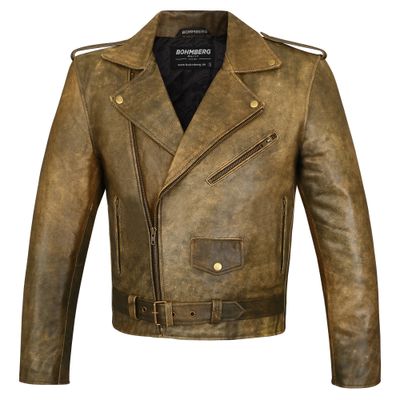Bohmberg Vintage Biker Jacket in Premium Pull-Up Leather with Classic Design and Protector Pockets (no protectors included)