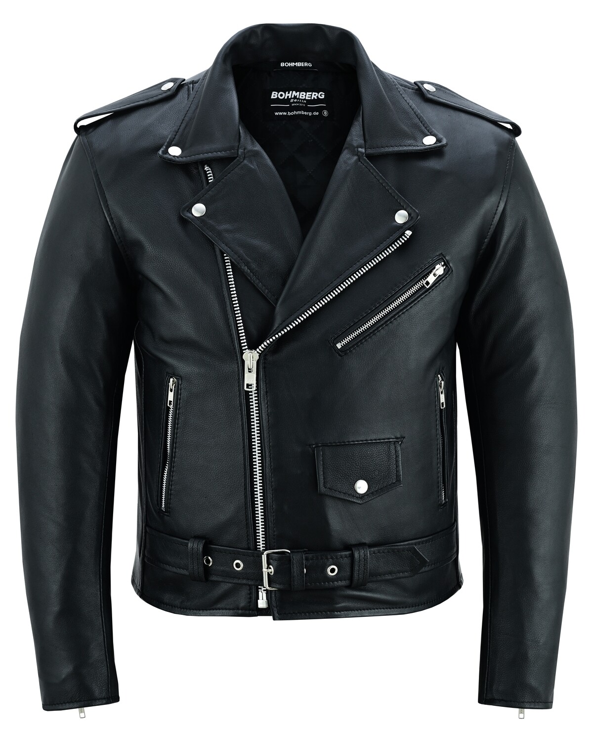 Chaqueta Biker Bohmberg Classic de cuero vacuno 100% – Estilo Retro Highway con bolsillos para protecciones