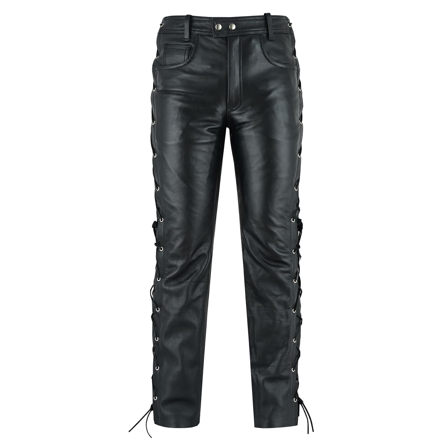 Bohmberg Men’s Leather Pants with Side Lacing, genuine cowhide leather, slim fit, zipper, cotton lining, black