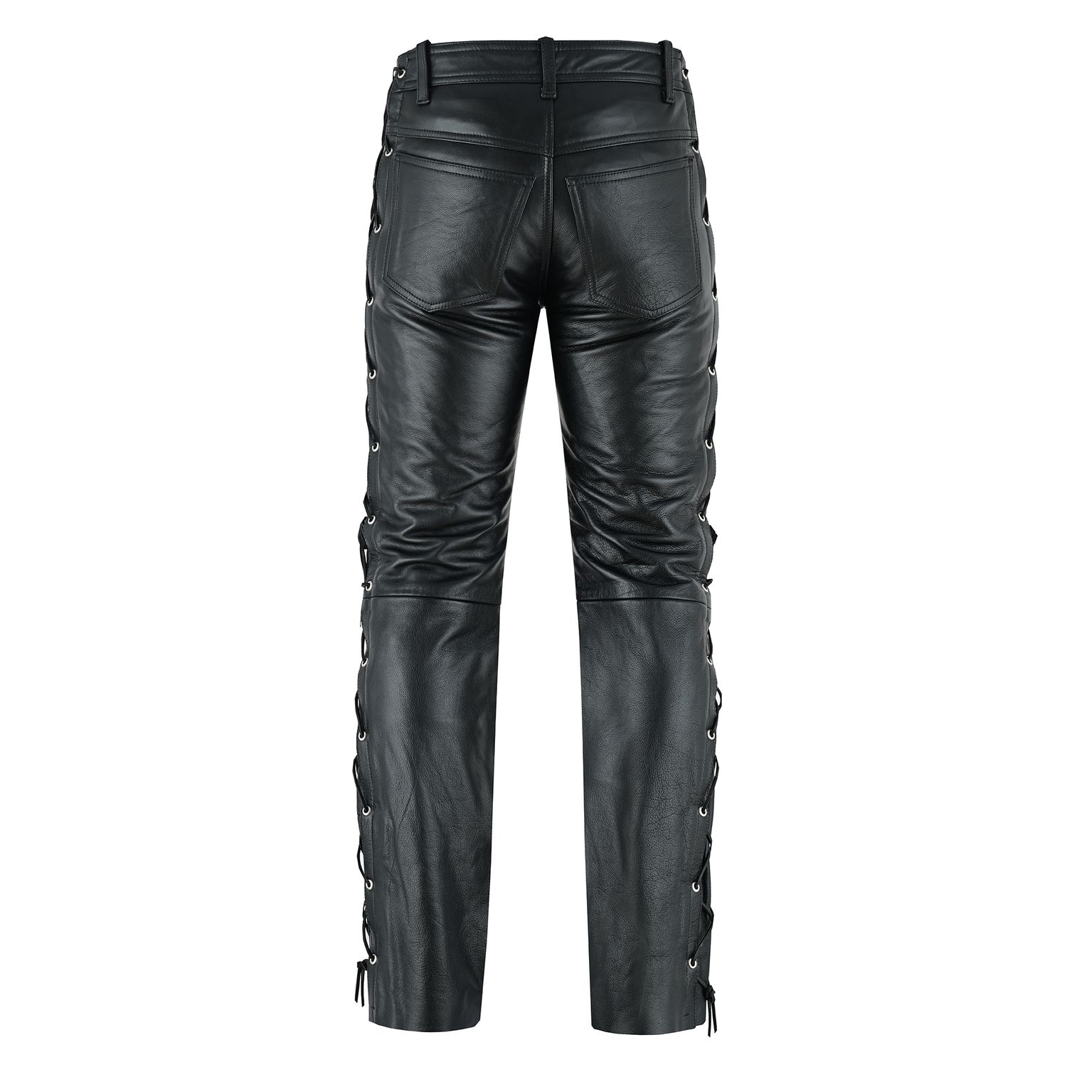 Bohmberg Men’s Leather Pants with Side Lacing, genuine cowhide leather, slim fit, zipper, cotton lining, black
