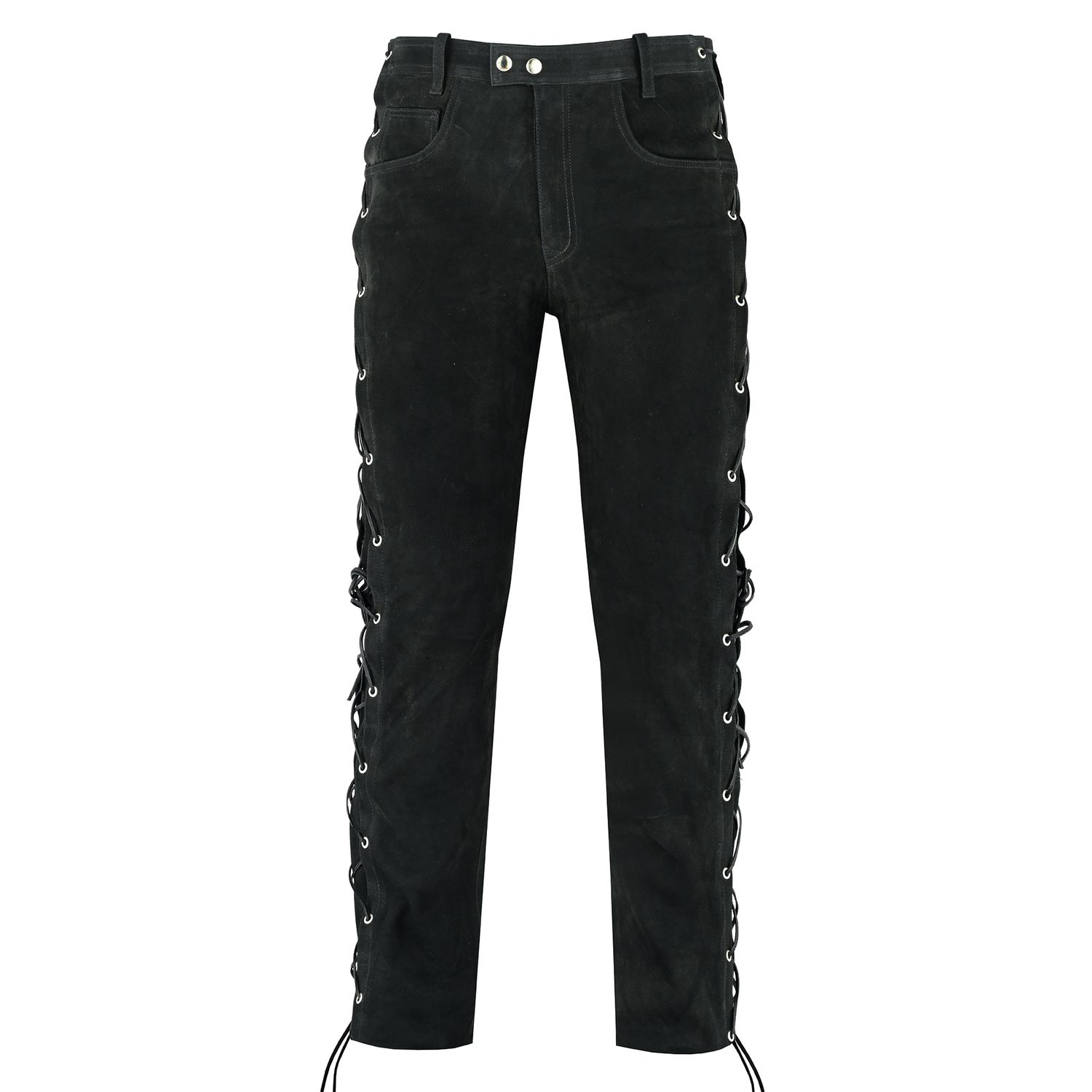 Bohmberg Men’s Nubuck Leather Pants with Side Lacing, genuine cowhide, slim fit, zipper, cotton lining, black