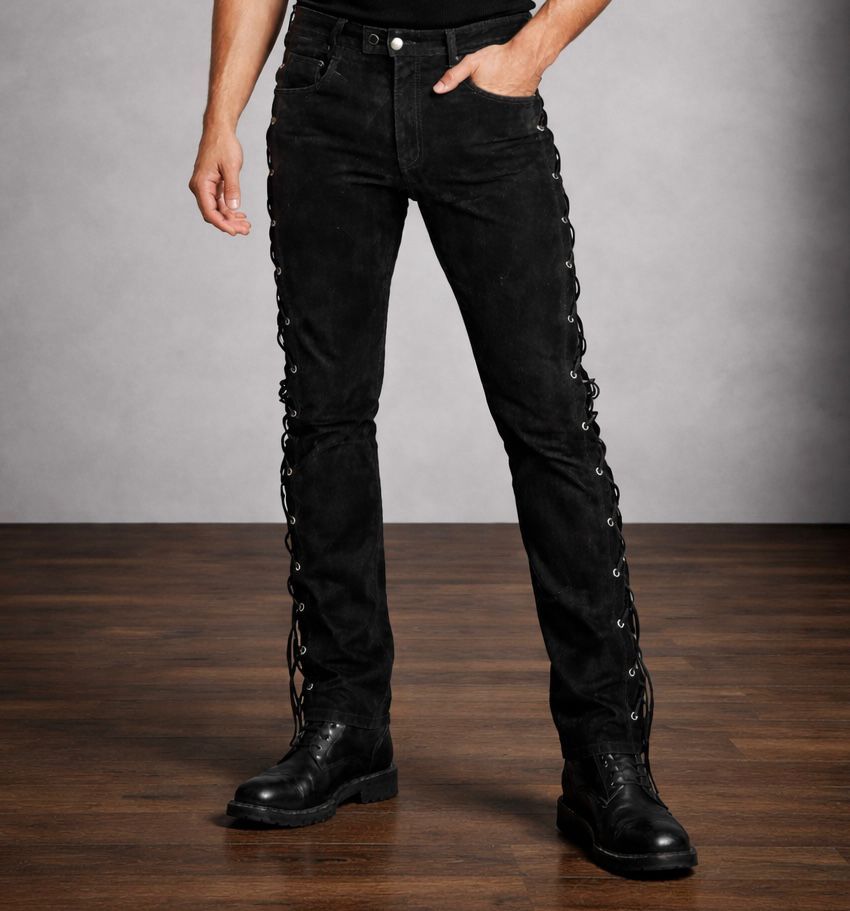 Bohmberg Men’s Nubuck Leather Pants with Side Lacing, genuine cowhide, slim fit, zipper, cotton lining, black