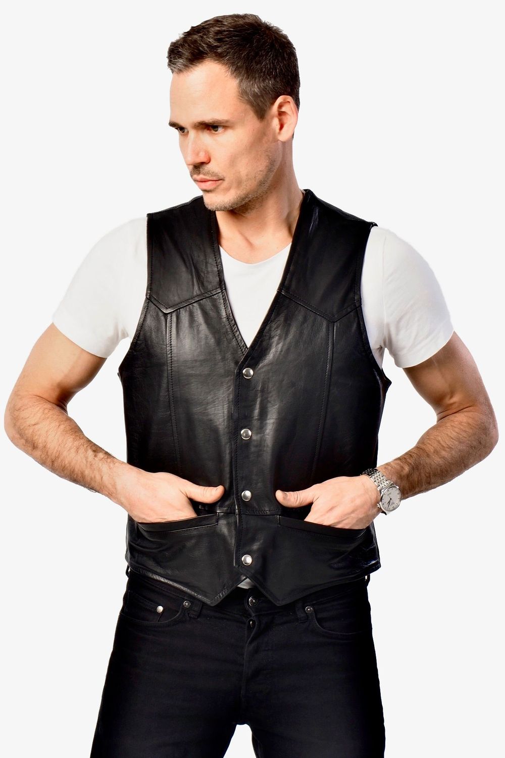 Bohmberg Men's Motorcycle Leather Vest in Genuine Cowhide – Classic Biker Vest