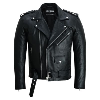 Bohmberg ''Tokyo'' Men’s Leather Jacket made from genuine cowhide with croc look, Black biker Motorcycle Leather Jacket