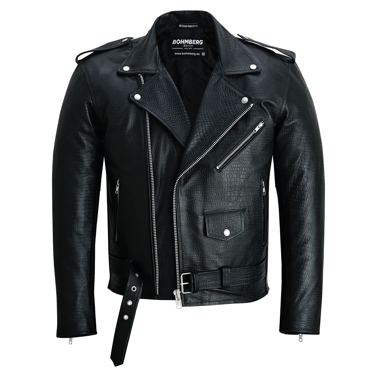 Bohmberg ''Tokyo'' Men’s Leather Jacket made from genuine cowhide with croc look, Black biker Motorcycle Leather Jacket