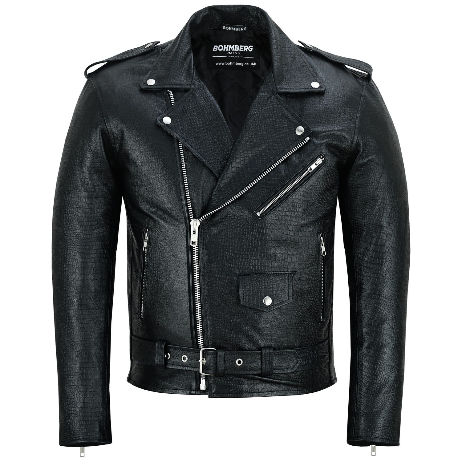 Bohmberg ''Tokyo'' Men’s Leather Jacket made from genuine cowhide with croc look, Black biker Motorcycle Leather Jacket