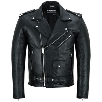 Bohmberg ''Tokyo'' Men’s Leather Jacket made from genuine cowhide with croc look, Black biker Motorcycle Leather Jacket