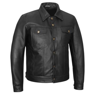 Men’s Leather Jacket Bohmberg Genuine Leather – Black Cowhide Denim Style Biker Jacket for Motorcycle, Travel and Everyday Wear
