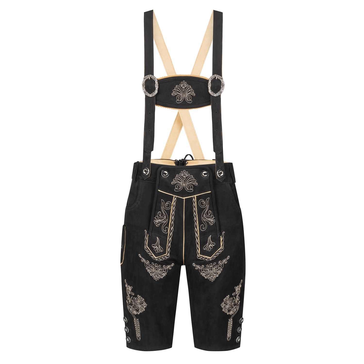 Damen Lederhose Trachten Bohmberg aus 100% Rindsleder – Schwarze knielange Trachten Lederhose inkl. Hosenträger für Oktoberfest &amp; Volksfest
