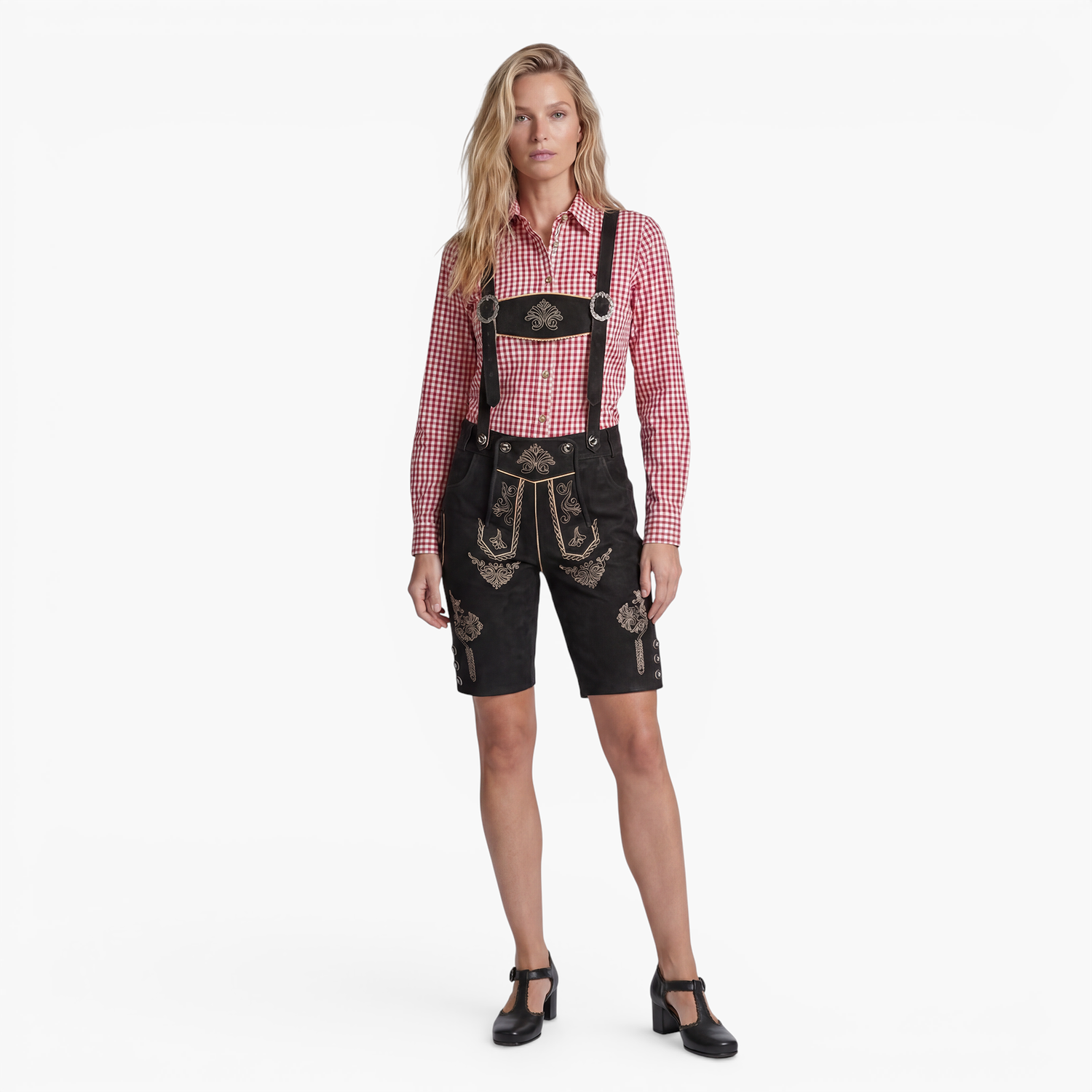 Damen Lederhose Trachten Bohmberg aus 100% Rindsleder – Schwarze knielange Trachten Lederhose inkl. Hosenträger für Oktoberfest &amp; Volksfest