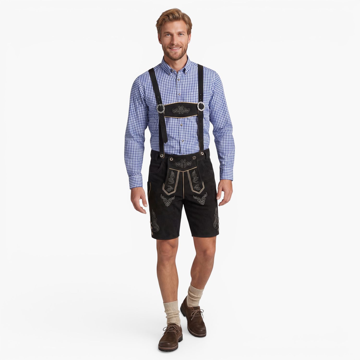 Men’s Lederhosen Bohmberg Genuine Cowhide – Black Short Trachten Leather Shorts with Suspenders for Oktoberfest &amp; Traditional Festivals