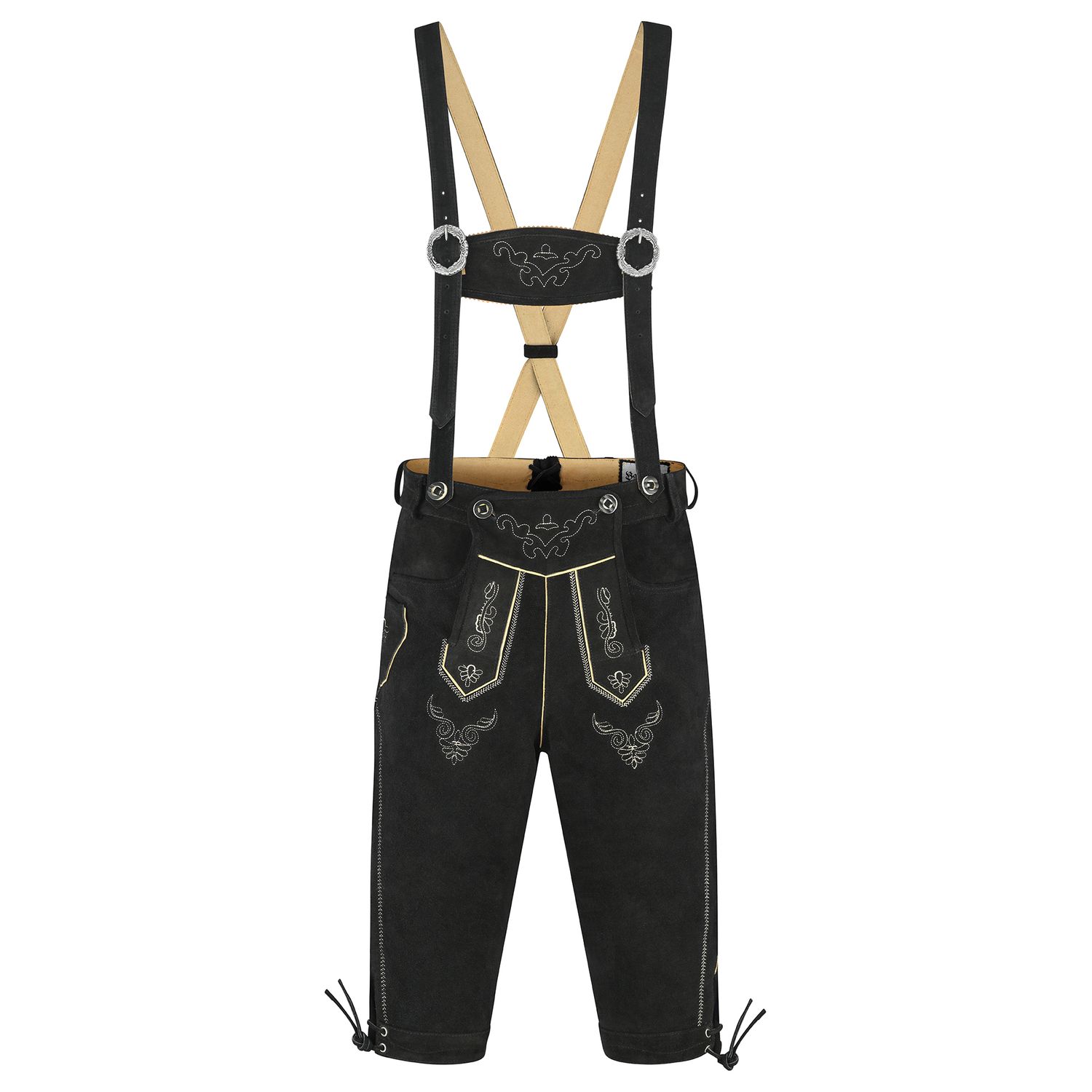 Men’s Trachten Lederhose – Bohmberg Knee-Length Leather Shorts in 100% Cowhide incl. Suspenders, Black Bavarian Lederhosen for Oktoberfest &amp; Festivals