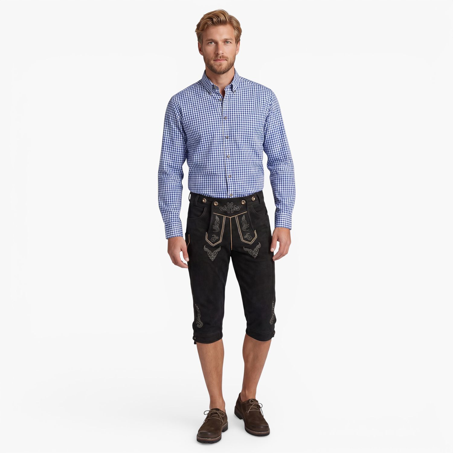 Men’s Trachten Lederhose – Bohmberg Knee-Length Leather Shorts in 100% Cowhide incl. Suspenders, Black Bavarian Lederhosen for Oktoberfest &amp; Festivals