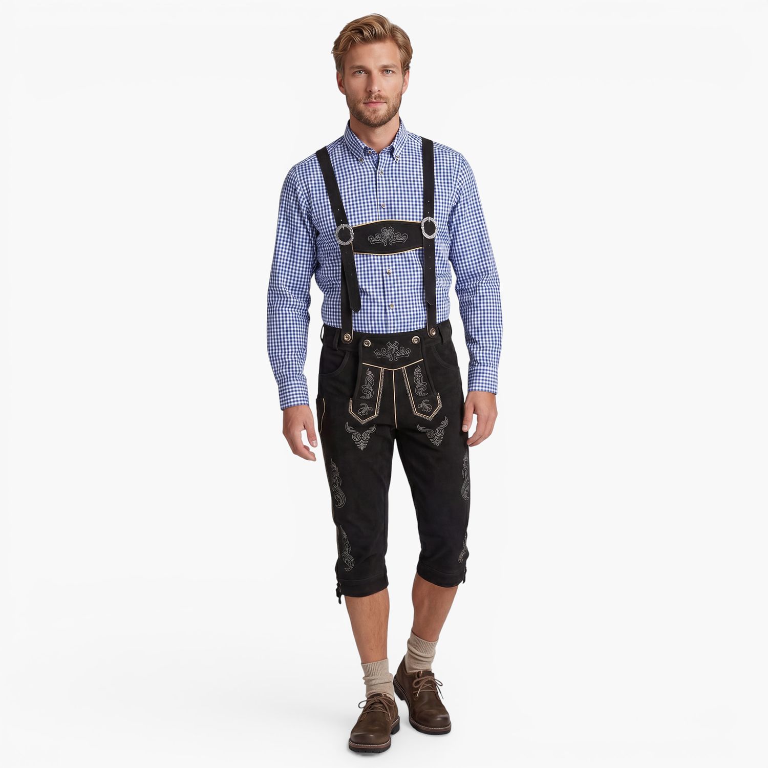 Herren Lederhose Trachten – Bohmberg Kniebund Lederhose aus 100% Rindsleder inkl. Hosenträger, Trachten Lederhose Schwarz für Oktoberfest &amp; Volksfest