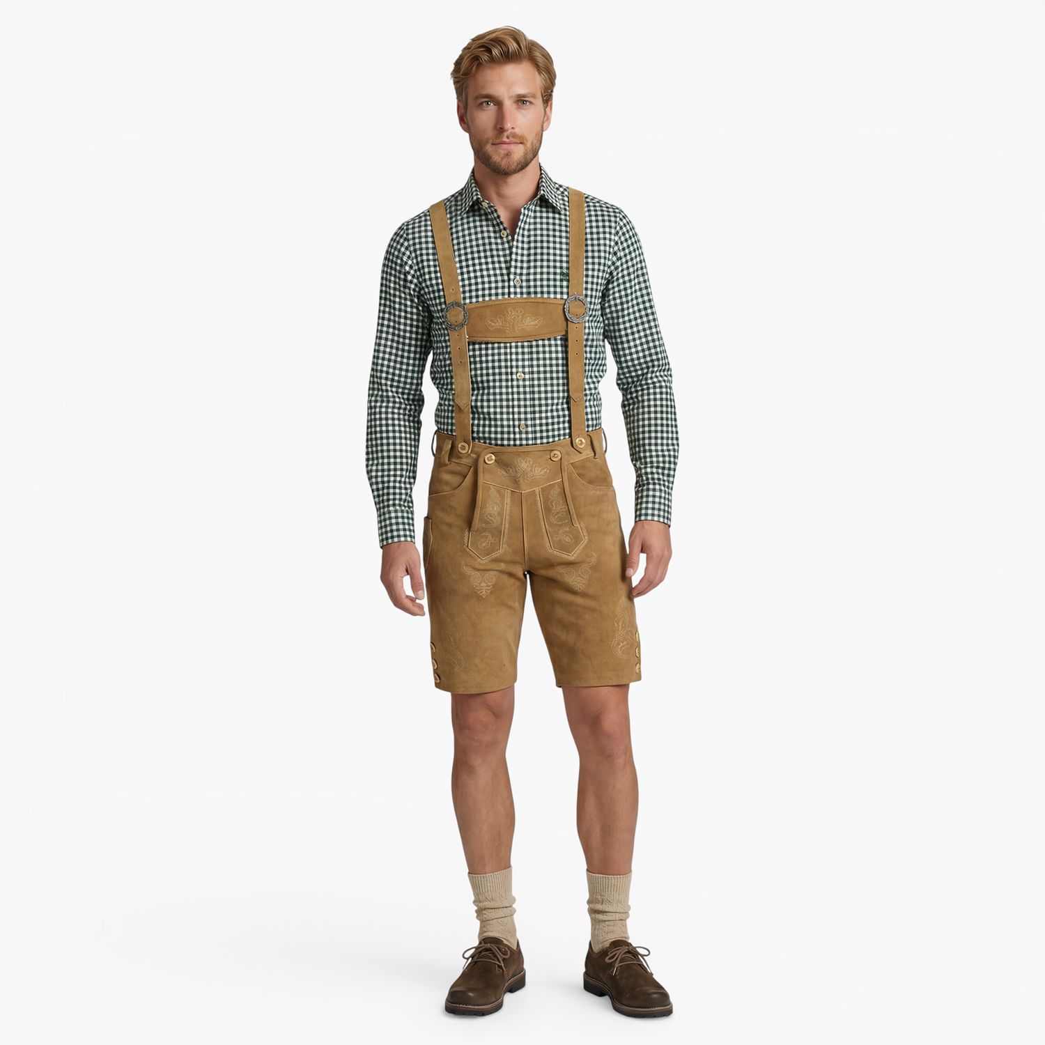 Men’s Lederhosen Bohmberg Genuine Cowhide – Light Brown Short Trachten Leather Shorts with Suspenders for Oktoberfest &amp; Traditional Festivals